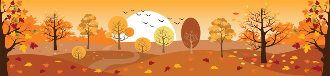 panoramic of countryside landscape in autumn, vector illustration of horizontal banner of autumn landscape mountains and maple trees fallen with yellow foliage.