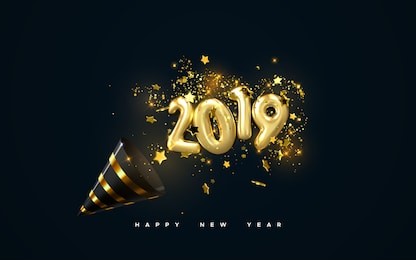 golden 2019 numbers, party popper cone and glittering confetti isolated on black. vector festive illustration. holiday decoration with sparkling tinsel particles. happy new year