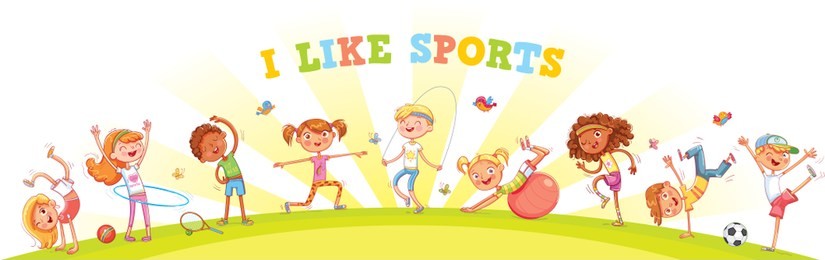 children are engaged in different kinds of sports on nature background. children's panorama for your design. template for advertising brochure or web site. funny cartoon character. vector illustration