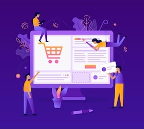 a team of web developers design an online store. teamwork project. website development. flat vector illustration.
