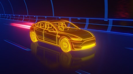 yellow glowing modern electric car rides through blue tunnel 3d rendering