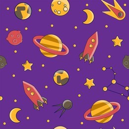 cartoon flat kids space and cosmos science seamless pattern. planet, rockets, stars and other space elements in simple cute vector background for children. kids science and curiosity ideas on space