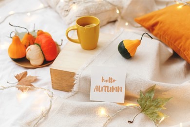 orange pumpkins, wooden tray, cup of tea, dry leaves, beige plaid, pillows, glowing garland lights and card with text hello autumn on bed with white linen. home cozy fall decor.