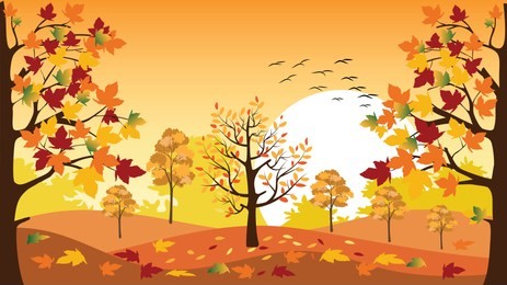 panoramic of countryside landscape in autumn with fallen leaves on the grass, vector illustration of horizontal banner of autumn landscape mountains and maple trees with yellow foliage in fall season.