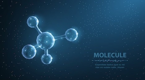 molecule. abstract futuristic micro molecule structure with sphere on blue background. science, research, chemistry, biotechnology, medical concept illustration or background