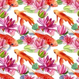 seamless pattern, lotus and beautiful fish carp, watercolor drawing