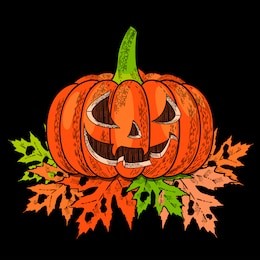 halloween. 31 october. the concept of a holiday. a pumpkin with a carved terrible face, autumn leaves with holes. drawing style engraving