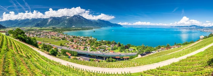 panorama view of montreux city with swiss alps, lake geneva and vineyard on lavaux region, canton vaud, switzerland, europe.