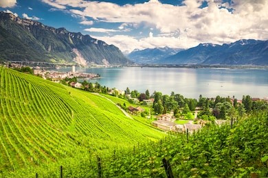 montreux city with swiss alps, lake geneva and vineyard on lavaux region, canton vaud, switzerland, europe.