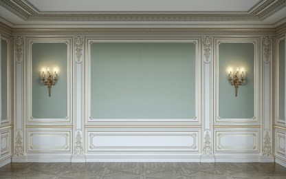 classic interior in olive colors with wooden wall panels. 3d rendering.