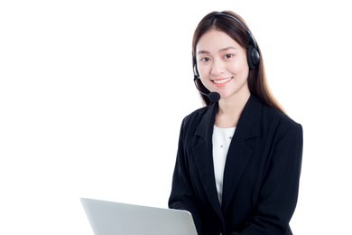 beautiful asian woman officer talk and answer with customer , call center worker on white background, she smile and feel so happy, service mind