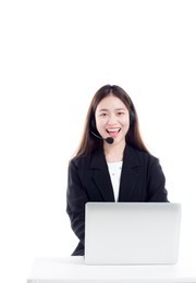 beautiful asian woman officer talk and answer with customer , call center worker on white background, she smile and feel so happy, service mind