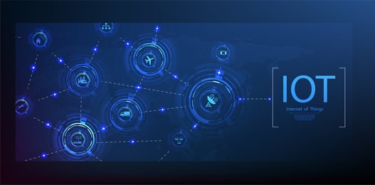 	
internet of things (iot) and networking concept for connected devices. spider web of network connections with on a futuristic blue background