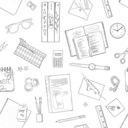 stationery flat lay, books, background studying, creative lifestyle, planning seamless pattern hand drawn line illustration, black, white, gray