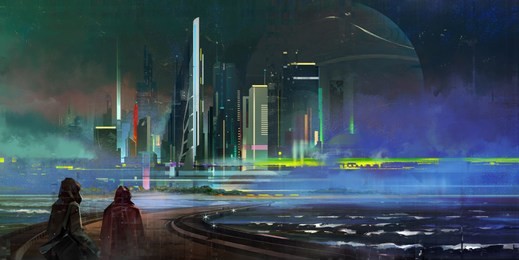 painted a fantastic night city of megapolis in the style of cyberpunk