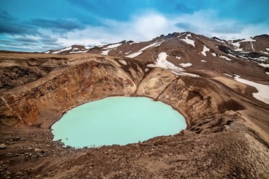 viti sulfur blue lake in caldera of askja volcano crater in iceland, travel north landscape. panoramic view