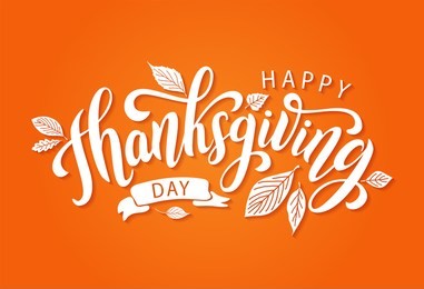 happy thanksgiving day with autumn leaves. hand drawn text lettering. vector illustration. script. calligraphic design for print greetings card, shirt, banner, poster. colorful fall