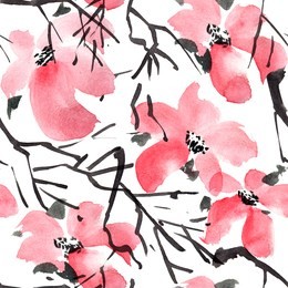 watercolor and ink illustration of pink sakura flowers and buds, blossom tree, white background, sumi-e and u-sin painting, seamless painting