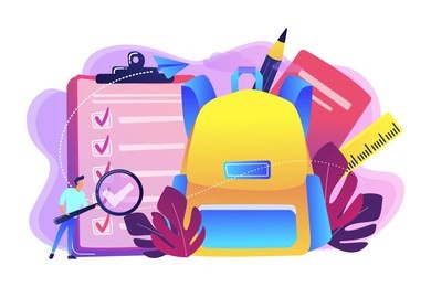 clipboard with list to do, big school backpack, ruler and student with magnifier. back to school checklist, list of stationery, school planner concept, violet palette. vector isolated illustration.