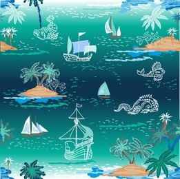 sea monsters in the blue lagoon. seamless vector pattern with ocean, ships, fantasy fishes, islands and palms. tropical textile collection.