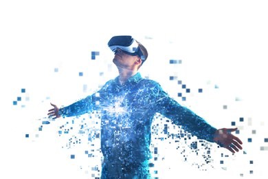 a person in virtual reality glasses flies to pixels. the concept of new technologies and technologies of the future.vr glasses.