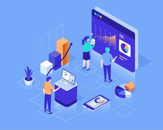 data analysis concept with characters. can use for web banner, infographics, hero images. flat isometric vector illustration isolated on white background. 