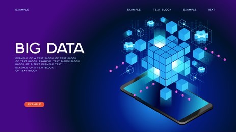 people interacting with big data. data visualization concept. 3d isometric vector illustration. page template. 