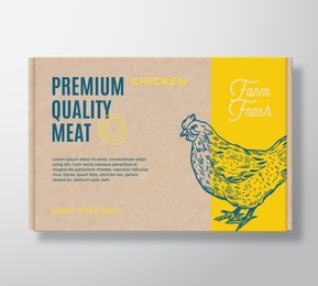 premium quality poultry vector meat packaging label design on a craft cardboard box container. modern typography and hand drawn chicken silhouette background layout.