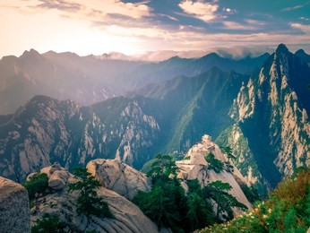 beautiful landscape view of stone hill at huashan mountain .peak valley of the most popular travel destinations at shaanxi,china