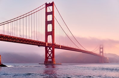 golden gate bridge view from fort point at sunrise, san francisco, california, usa