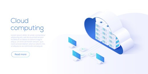 cloud storage download isometric vector illustration. digital service or app with data transfering. online computing technology. 3d servers and datacenter connection network.