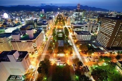 skyline of the odori park district of downtown sapporo, japan.