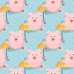 new year 2019 seamless pattern with christmas cartoon flat pink pigs. color hand drawn happy animals. vector illustration.