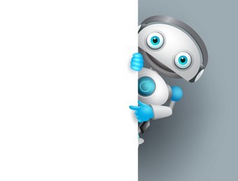 white robot vector character holding empty white board for presentation. cyborg mascot pointing white blank space for text, vector illustration.
