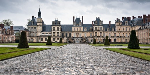 chateau de fontainebleau on a rainy day, residence of napoleon i, paris, france