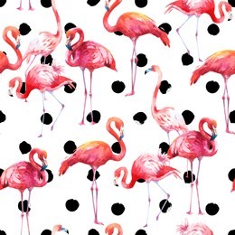 watercolor seamless pattern on white background. illustration with pink flamingo and tropical plants. paradise bird.