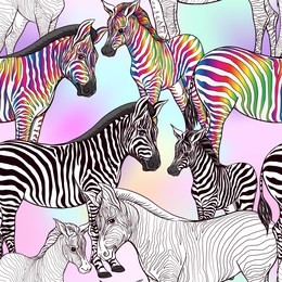 seamless pattern, background  with adult zebra  and zebra cub.  realistic drawing, animalism. vector illustration.  on pink background. colored and outline drawing. 