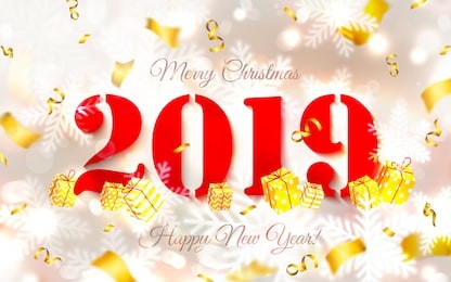 2019 abstract merry christmas and happy new year background, card for 2019 with main big numbers, red, silver, gold, vector illustration