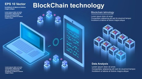 blockchain technology, concept of big data processing, isometric data center, vector information processing and storage