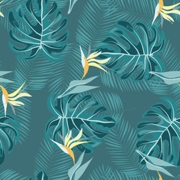 summer seamless pattern with tropical flowers and leaves.