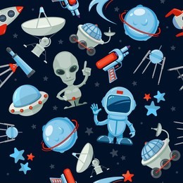 space seamless background. astronaut alien ufo ship and rocket different stars and satellites futuristic vector dark pattern