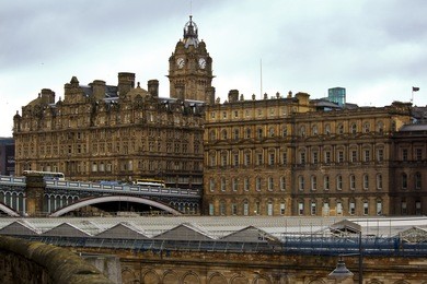 downtown central edinburgh, scotland overlooking waverley station.
