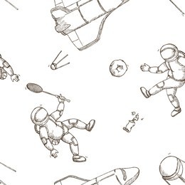 hand drawn vector doodle illustration. sketch with an astronaut playing badminton, an astronaut football player, shuttle, satellites. seamless pattern on white background.