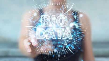 businesswoman on blurred background using big data digital hologram 3d rendering