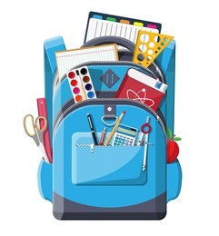 back to school concept. school supplies in backpack. books, paint, apple, calculator, pen, pencil, ruler. education and study learning. illustration in flat style