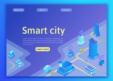smart city isometric city concept, online transportation service, mobile app landing page template with intelligent buildings, smartphone, tablet, laptop, 3d vector illustration