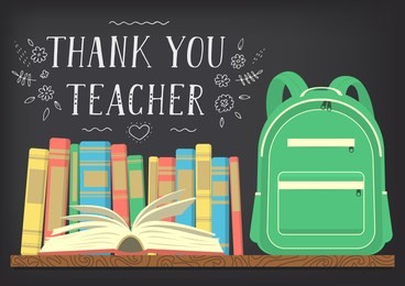 thank you teacher. green school backpack on book shelf with blackboard background and lettering. vector illustration