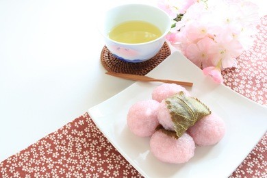 japanese confectionery, sakura mochi with green tea for spring food image