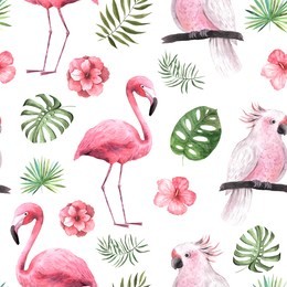 seamless pattern with watercolor tropical exotic pink flowers, green leaves, plants and flamingo and parrot birds. hand painted jungle paradise background perfect for textile and scrapbooking