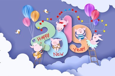 2019 new year design card with pigs on purple background with clouds. vector illustration. paper cut and craft style.